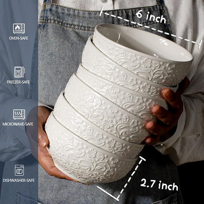 Artena Ceramic Cereal Bowls 26 OZ, Embossment Soup Bowls for Kitchen, Rice, Pasta, Salad, Breakfast, Lunch, Dinner - 6 Inch, Set of 6, White, Dishwasher & Microwave Safe, Flower (Pack of 2)