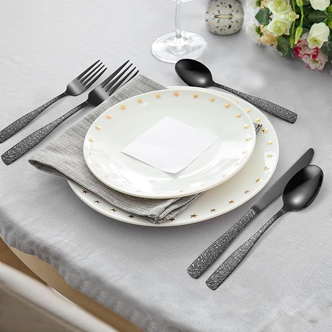 Skull Embossed Silverware Set for 8,OIULO 40-Piece Black Flatware set,Unique Gothic Pattern Design,Mirror Finished Fine Vintage Cutlery,Halloween Tableware Knives Fork Spoon Utensils Kitchen