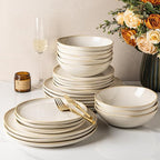 GBHOME Stoneware Dinnerware Sets for 8, 24 Pieces Rustic Ceramic Plates and Bowls Set, Handmade Reactive Glaze Plate Sets, Highly Chip Resistant Dishes, Microwave & Dishwasher Safe, Antique White