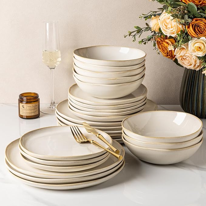 GBHOME Stoneware Dinnerware Sets for 8, 24 Pieces Rustic Ceramic Plates and Bowls Set, Handmade Reactive Glaze Plate Sets, Highly Chip Resistant Dishes, Microwave & Dishwasher Safe, Antique White