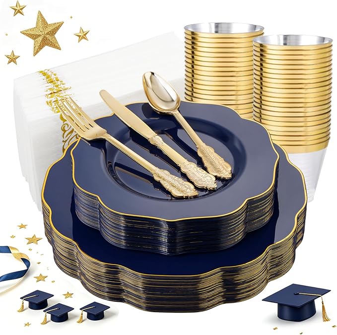 NOCCUR 175PCS Blue Plastic Plates with Disposable Silverware - Include 50 Blue Disposable Plates with Gold Rim,75 Gold Cutlery,25 Cups,25Napkins for Party/Wedding/Graduation/Memorial Day