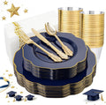 NOCCUR 175PCS Blue Plastic Plates with Disposable Silverware - Include 50 Blue Disposable Plates with Gold Rim,75 Gold Cutlery,25 Cups,25Napkins for Party/Wedding/Graduation/Memorial Day