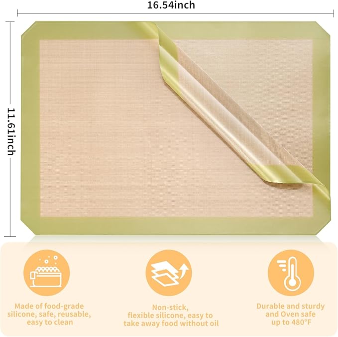 2-Pack Silicone Baking Mats – Non-Stick Reusable BPA-Free Oven Liners, 100% Food-Grade Silicone, Fit Half Sheet Pans (16.54" x 11.62") for Cookies, Pastry & More, Coffee with Sage Green Edge