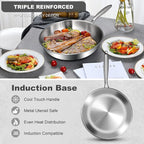 EWFEN 12 Inch Tri-Ply Stainless Steel Frying Pan, Compatible with All Cooktops Up to 600℉, Large Frying Pan Induction-Ready Skillet, Dishwasher and Oven Safe, Even Heat, 12" Skillet
