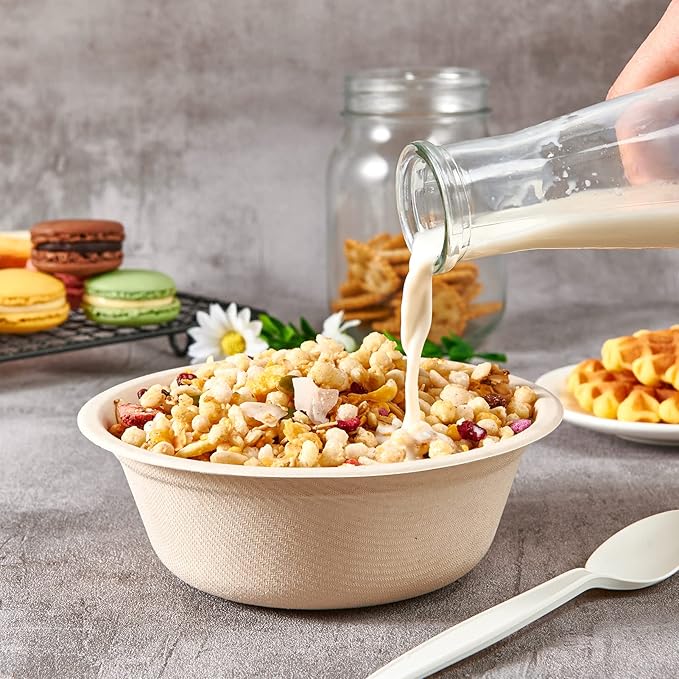 ECOLipak 150 Pack Compostable Disposable Paper Bowls, 16 OZ Biodegradable Bagasse Eco-Friendly Sugarcane Soup Bowls for Salad Wheat Flakes(Nature)