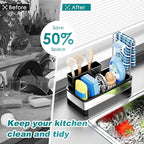 304 Stainless Steel Sink Caddy with Auto-Drain, Rustproof Kitchen Sink Organizer, Sponge Holder with Removable Brush & Towel Rack, Countertop Storage for Soap Dispenser, Kitchen Accessories, Black