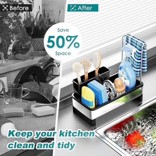 304 Stainless Steel Sink Caddy with Auto-Drain, Rustproof Kitchen Sink Organizer, Sponge Holder with Removable Brush & Towel Rack, Countertop Storage for Soap Dispenser, Kitchen Accessories, Black