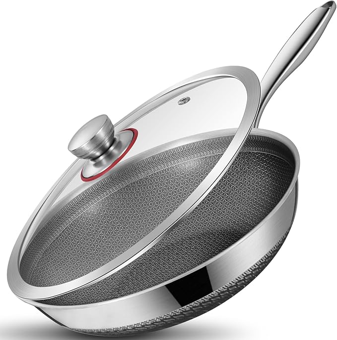 LOLYKITCH 3 Quarts Hybrid Stainless Steel Nonstick Sauté Pan,Skillet,10 Inch Induction Deep Frying Pan,Dishwasher and Oven Safe,Riveted Handle.