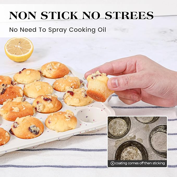 2 Pcs Mini Muffin Pans with Metal Reinforced Frame, 24 Cups Nonstick Silicone Cupcake Tray for Baking, Food Grade Small Muffin Molds with Handles (Cream)