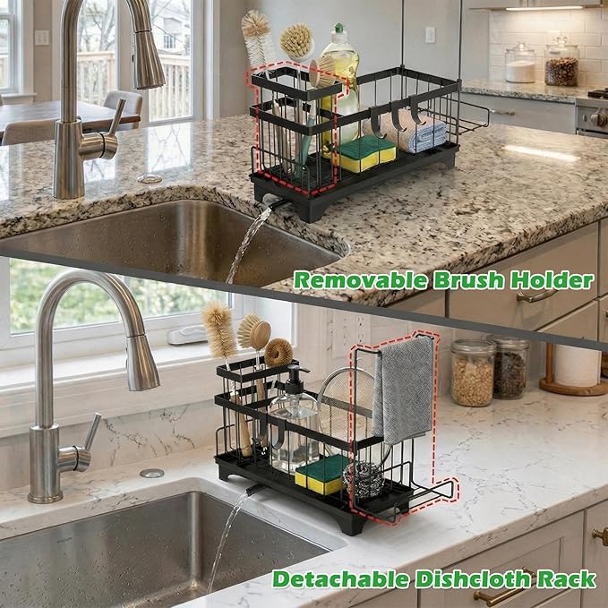 Sponge Holder for Kitchen Sink, Kitchen Sink Caddy Organizer with Detachable Cloth & Brush Holder, Auto Draining Countertop Organizers & Storage Essentials Accessories with 360° Rotatable Spout(Black)