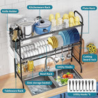 HOWDIA 3-Tier Over The Sink Dish Drying Rack,Stainless Steel Dish Rack with Cutlery Holder & Chopping Board Rack, 33.9” x 11.4” x 32.3” for Maximum Kitchen Storage（Black）