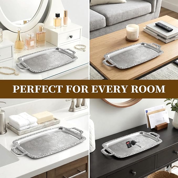 4 Pcs Silver Serving Tray with Handles, Vintage Floral Metal Silver Platter Tray, Elegant Silver Trays for Wedding Tableware Party Decoration
