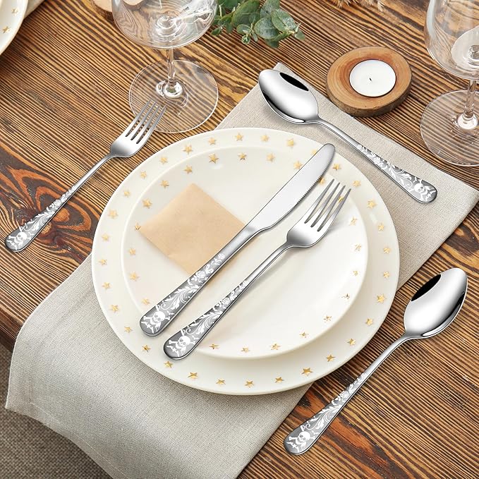Skull Pattern Silverware Set for 8,OIULO 40-Piece Pirate Pirate Rose Flatware set,Skeleton Flower Bat Butterfly Unique Design,Mirror Polished Gothic tableware Knive Fork Spoon Halloween Party Gift