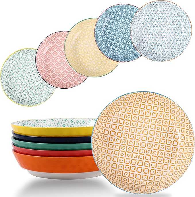 Large Ceramic Pasta Bowls Set of 6, 30 Oz Large Salad Bowls for Kitchen, 8.25 inch Decorative Ceramic Serving Bowl, Pasta Plates, Porcelain Dinner Soup Bowl Set, Microwave&Oven&Dishwasher Safe
