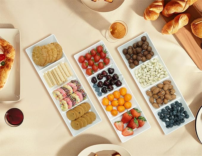 Divided Serving Tray Platter, 4 Pack 17.6" x 6" Fruit Veggie Food Tray for Party, Plastic Serving Trays for Appetizer, Snack, Dessert, Cookie, Brunch Decorations Platters, White Trays BPA-Free
