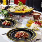 bUCLA 150 Pieces Black and Gold Disposable Dinnerware Set - 25 Guests Black Gold Plastic Plates Include 25 Dinner & 25 Dessert Plates, 25 Spoons, 25 Forks, 25 Knives, 25 Cups for Party & Graduation