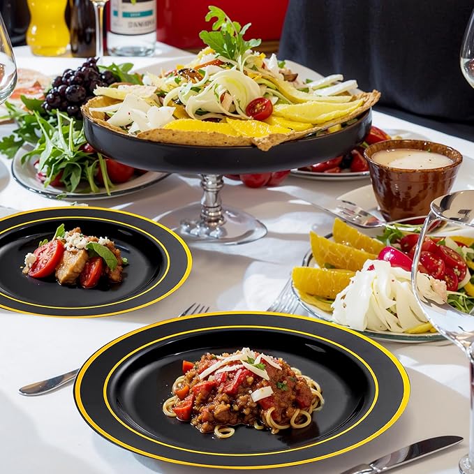 bUCLA 300PCS Black and Gold Disposable Dinnerware Set - 50 Guests Black Plastic Plates with Gold Rim Include 50 Dinner / 50 Dessert Plates, 50 Forks,50 Knives,50 Spoons&50 Cups for Party&Graduation