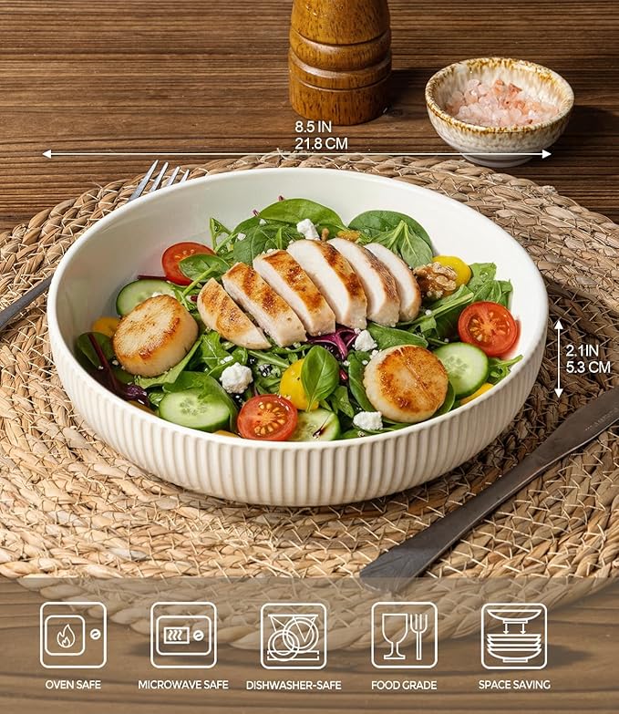 theterra 8.5'' Ceramic Pasta Bowls, Salad Bowls Set of 4, Stoneware Serving Bowls for Fruits, Noodle, Dinner, House-warming Wedding Present, Reactive White