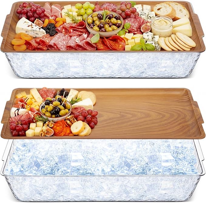 Baderke 2 Set 16" x 9" Plastic Chilled Serving Tray for Parties with Compartments Ice Chilled Party Platter Charcuterie Serving Board Cold Dish Dip for Fruit Seafood Vegetable Appetizer (Light Wood)