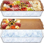 Baderke 2 Set 16" x 9" Plastic Chilled Serving Tray for Parties with Compartments Ice Chilled Party Platter Charcuterie Serving Board Cold Dish Dip for Fruit Seafood Vegetable Appetizer (Light Wood)