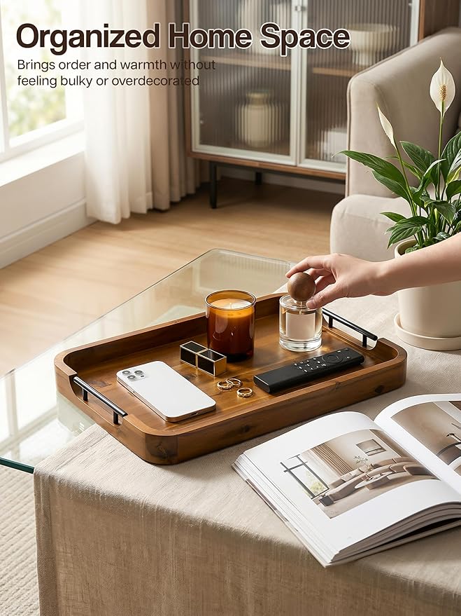 TIDITA Large Serving Tray with Handles - 20”x14” Rectangle Ottoman Tray, Wooden Tray for Ottoman, Wooden Ottoman Tray for Living Room - Decorative Trays for Coffee Table with Round Edge for Breakfast