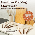 Silicone Kitchen Utensils Set & Holder: Cooking Utensils Set - Kitchen Essentials for New Home & 1st Apartment- Silicone Spatula Set, Cooking Spoons for Nonstick Cookware (Acacia Wood, Cream White)
