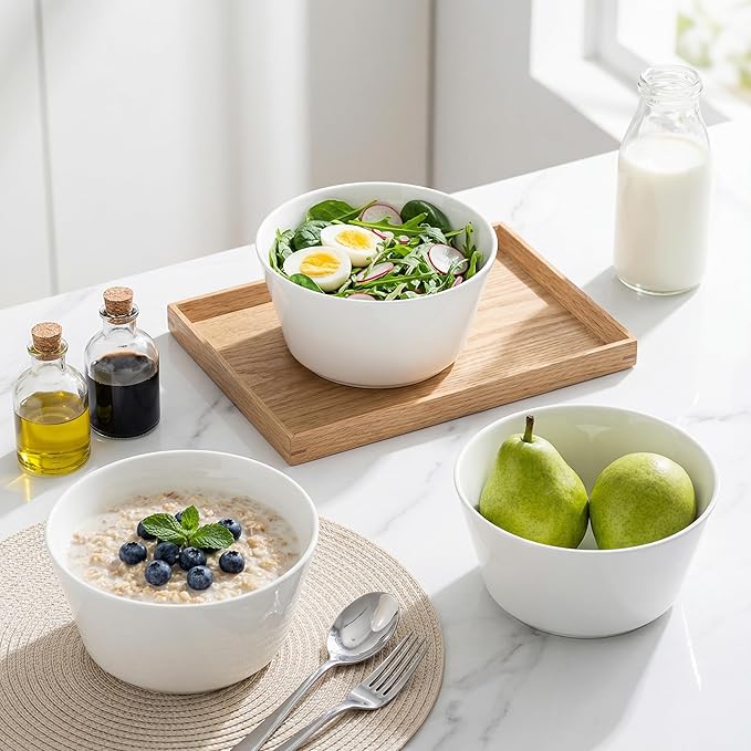Bone China Soup Bowls Set of 4, 29oz Lightweight Cereal Bowls, 6 inch White Modern Conical Shape for Salad Oatmeal Pho Ramen Pasta, Stackable Deep Design, Microwave Dishwasher Safe