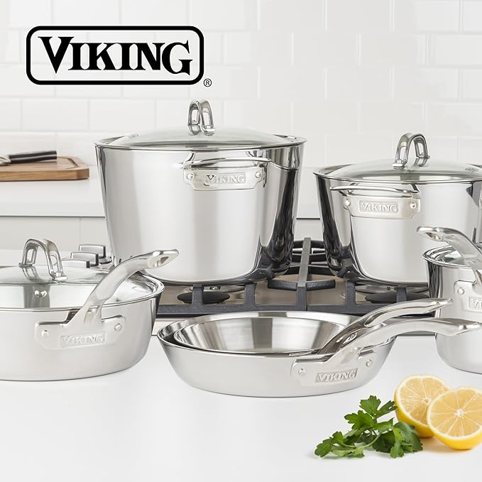 Viking Contemporary 3-Ply Pots and Pans Set, 12 Piece Stainless Steel Kitchen Cookware with Glass Lids, Silver
