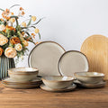 GBHOME Stoneware Dinnerware Sets for 4, 12 Pieces Rustic Ceramic Plates and Bowls Set, Handmade Reactive Glaze Plate Sets, Highly Chip Resistant Dishes, Microwave & Dishwasher Safe, Driftwood Taupe