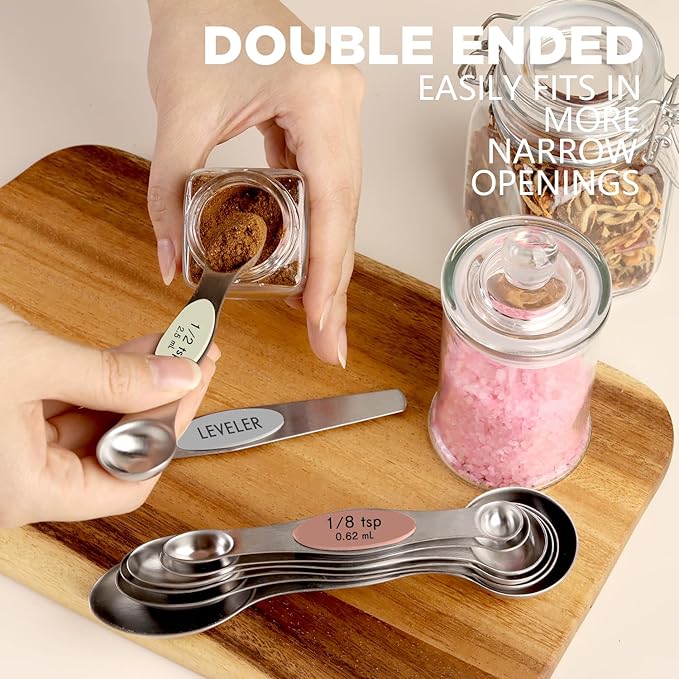 Pack of 8 Stainless Steel Magnetic Measuring Spoons Set, Dual Sided, Stackable, Adjustable Teaspoon and Tablespoon Measure Spoon with Leveler, Kitchen Gadgets