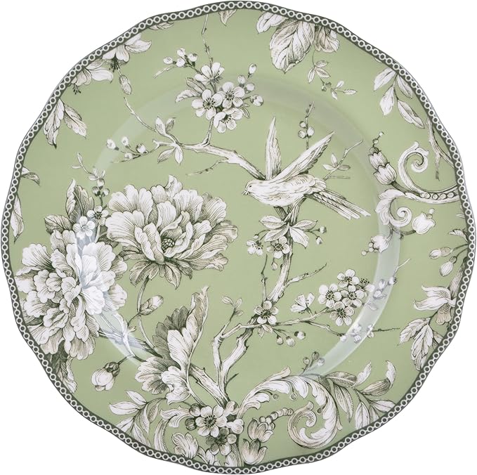 222 Fifth Adelaide Sage 12-Piece Green Porcelain Dinnerware Set – Service for 4, Big Dinner Plates and Bowls Sets, Green with White Floral Pattern, for Daily Entertainment, Microwave & Dishwasher Safe