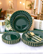 YOUBET 175PCS Green Scalloped Plastic Plates - Green and Gold Disposable Dinnerware Set Include 50 Plates, 75 Gold Silverware, 25 Cups, 25 Napkins for Party & Wedding