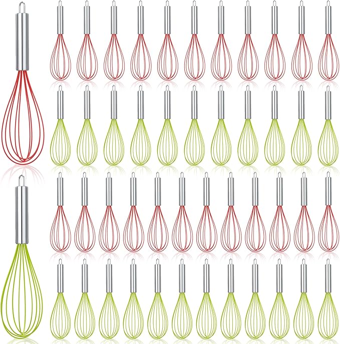 100 Sets 10 Inch Christmas Whisks Gifts DIY Fillable Christmas Tree Ornaments Xmas Colored Silicone Whisks for Cooking Heat Resistant Egg Beaters with Card Rope Bag for Candy Holder