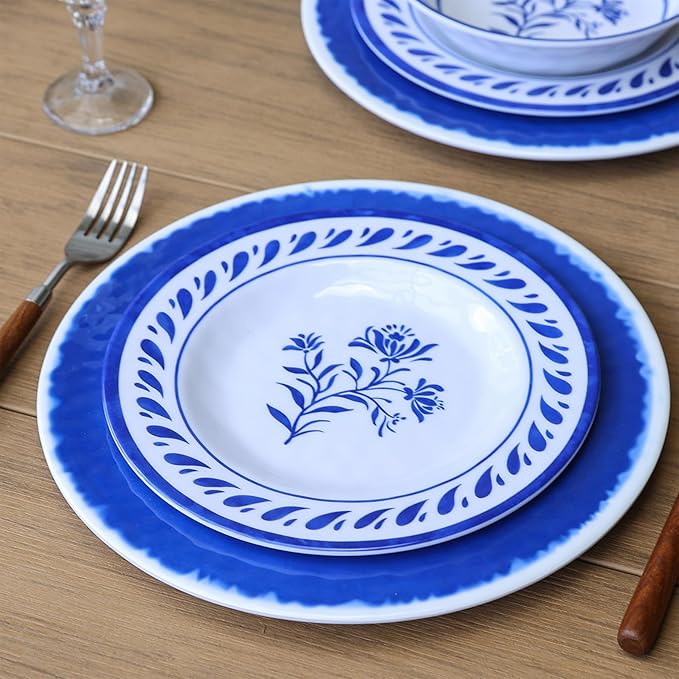Blue Melamine Dinnerware Sets,12-Piece Plates and Bowls Set for 4,Coastal Farmhouse Style Dish Sets,Chip Resistant & Dishwasher Safe,Dark Indigo Vintage Pattern for Outdoor Patio Everyday Use