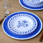 Blue Melamine Dinnerware Sets,12-Piece Plates and Bowls Set for 4,Coastal Farmhouse Style Dish Sets,Chip Resistant & Dishwasher Safe,Dark Indigo Vintage Pattern for Outdoor Patio Everyday Use