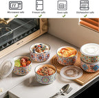 Ceramic Bowl with Lid: Microwave Safe Soup Containers Set of 6 for Meal Prep, Cereal, Salad, Picnic, Camping, Office Lunch, Kitchen Food Storage - 5 Inch, 20 oz, Design B