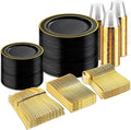 bUCLA 600PCS Black and Gold Disposable Dinnerware Set - Black Plastic Plates Disposable for Party Include 100 Dinner&100 Dessert Plates,100 Knives,100 Forks,100 Spoons,100 Cups for Party & Graduation
