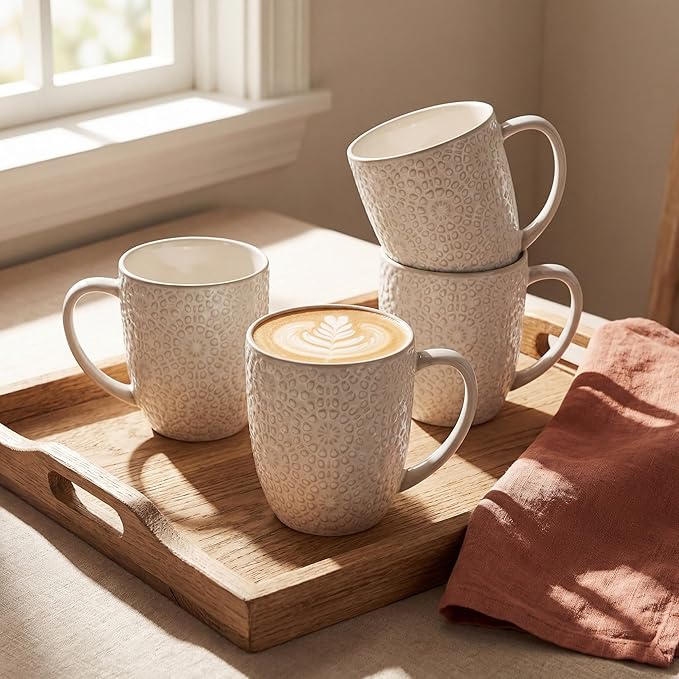 Coffee Mug Set of 4, 16 oz Ceramic Coffee Mugs, Large Embossment Cups, Vintage White Mugs Set for Latte, Cocoa, Hot Tea, Mocha, Housewarming Wedding Gifts, Dishwasher Safe, 3.5 x 4.5 inch