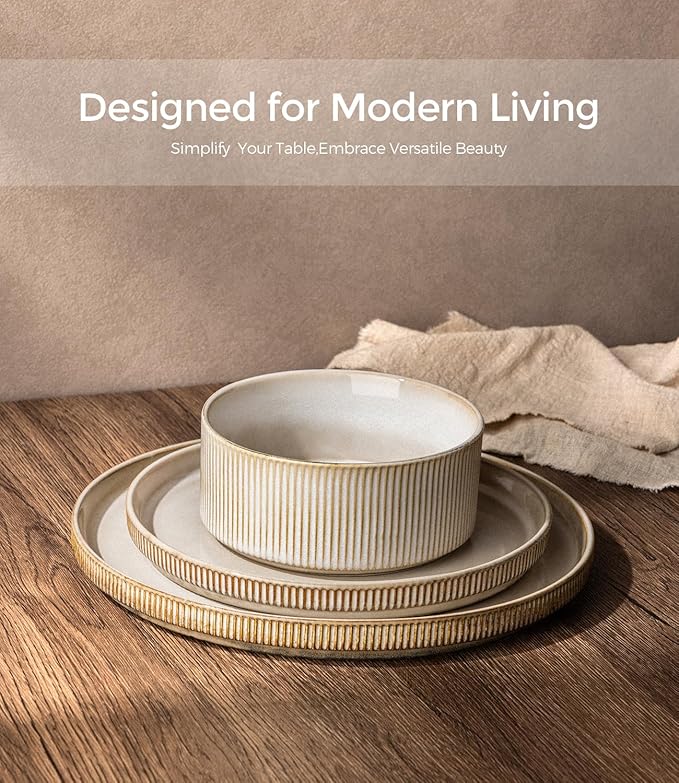 GBHOME 24-Piece Stoneware Dinnerware Set for 8 – Ribbed Ceramic Plates and Bowls, Scratch-Resistant, Microwave & Dishwasher Safe, Reactive Glaze, Cappuccino