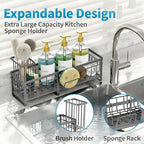 Aurblozen Extra Large Extendable Sponge Holder for Kitchen Sink, Rustproof Sink Caddy Organizer with High Brush Holder, Dish Soap Dispenser Organizers and Storage (Gray)