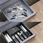 VaeFae Bamboo Silverware Drawer Organizer Kitchen, Expandable Utensil Organizer with Knife Block, Cutlery Tray with Divider, Multifunctional Drawer Organizer (Black)