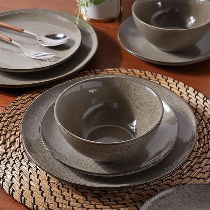 famiware Tempus Plates and Bowls Sets for 8, 24 Pieces Stoneware Dinnerware Sets, Dishes Set, Reactive Glaze Dishware Sets, Dishwasher & Microwave Safe - Dark Olive