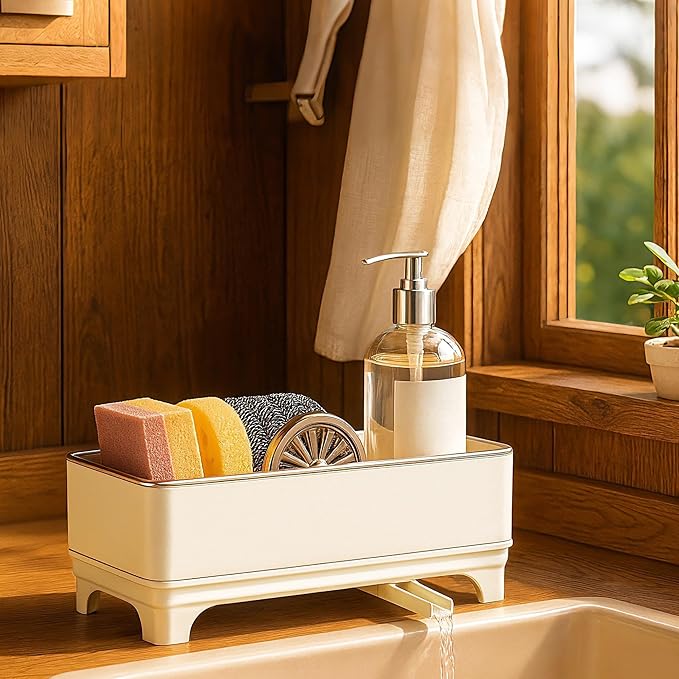 Sponge Holder for Kitchen Sink – Rustproof Stainless Steel, 360° Rotating Drain Pipe, Large Counter Organizer with Drip Tray for Sponges, Brushes & Dish Cloths Off-white