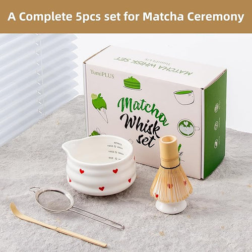 5pcs Premium Matcha Set,Ceramic Bowl with Spout and Bamboo Whisk set, Hearts Matcha Kit for breakfast/latte,Tea Starter Making Kit,Valentine Matcha Gift set (love)