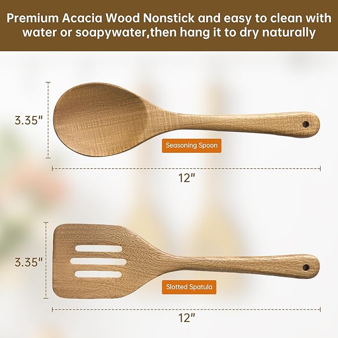 Wooden Serving Spoon and Spatula, Acacia Solid & Slotted Turner Spatula Set