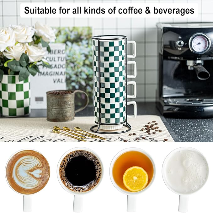 Miamolo Stackable Coffee Mugs with Stand, Checkered Coffee Mug Set of 4, 11oz Espresso Cups for Beverages, Stacked Mug Set with Spoons for Christmas Housewarming Birthday Gift, Dishwasher Safe