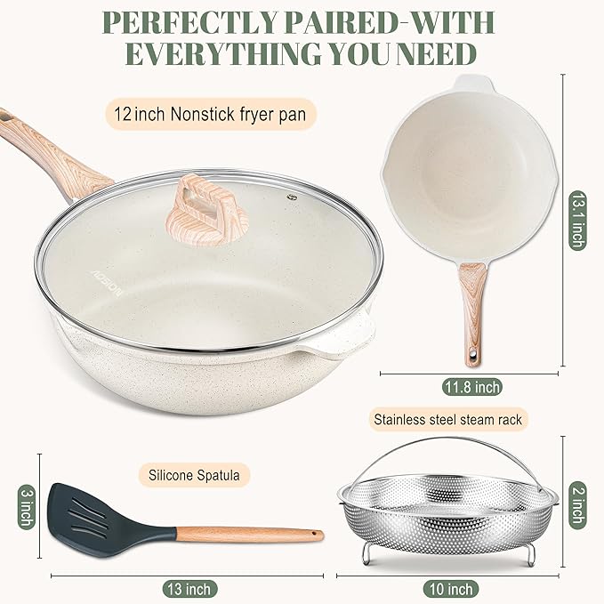 AOSION 12 Inch Nonstick Ceramic Deep Frying Pan Skille with Lid,5.5QT Sauté Pan for Cooking with Steam Rack,Healthy Large Skillet,Stay Cool Handle, Induction Compatible, PFOA & PFAS Free. (WHITE)