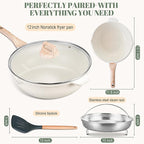 AOSION 12 Inch Nonstick Ceramic Deep Frying Pan Skille with Lid,5.5QT Sauté Pan for Cooking with Steam Rack,Healthy Large Skillet,Stay Cool Handle, Induction Compatible, PFOA & PFAS Free. (WHITE)