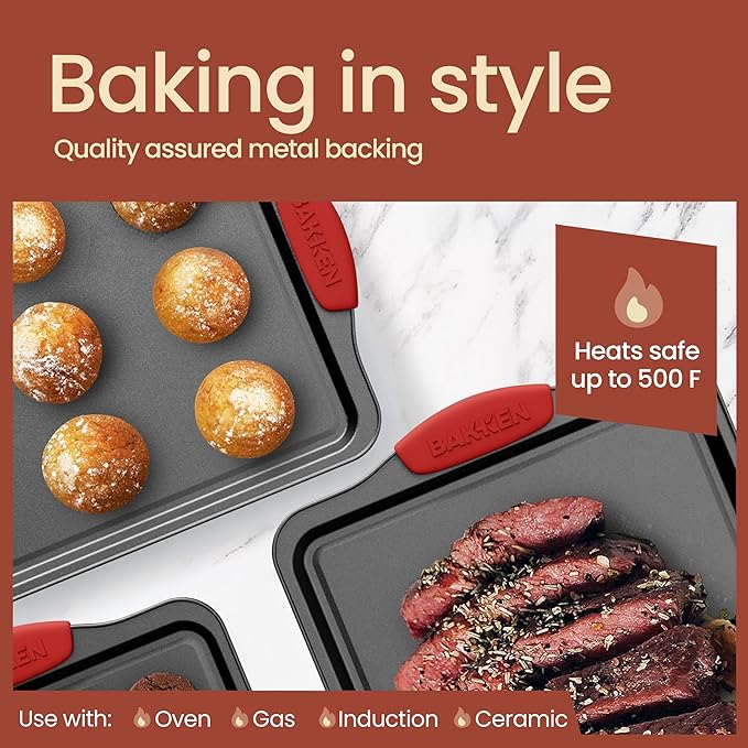 BAKKEN Kitchen Baking Pans - 15.15 x 10.03" Medium Nonstick Sheet, Durable Carbon Steel Cookie Sheet with Gray Silicone Handles, PFOA, PFOS, PTFE Free, Oven Safe Tray (Up To 450°F), Set of 1