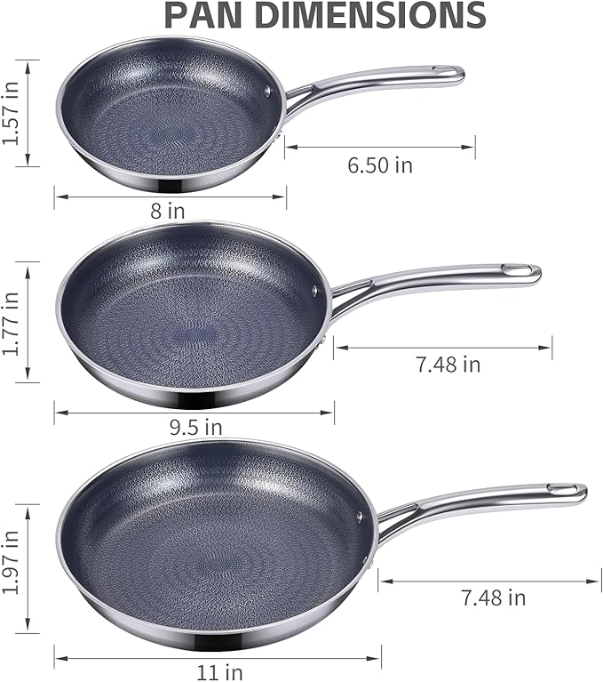 Ammeloo Hybrid Tri-Ply Stainless Steel Frying Pan Set, 8"/9.5"/11" Cooking Pans, Non Stick Frying Pans and Skillets, Chef Pan, Non Toxic, Dishwasher Safe, Induction Compatible, Blue Interior
